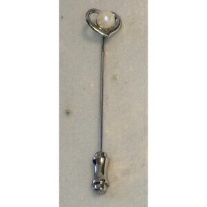 Vintage Pearl Heart Stick Pin Lapel Hat Scarf Tie Silver Tone 2"